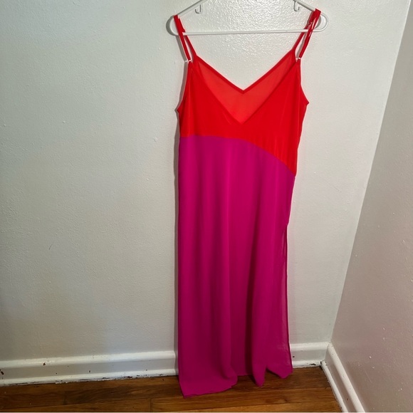 Sleeveless Sheer Maxi Dress Cover Up Pink Orange Colorblock - Picture 5 of 8
